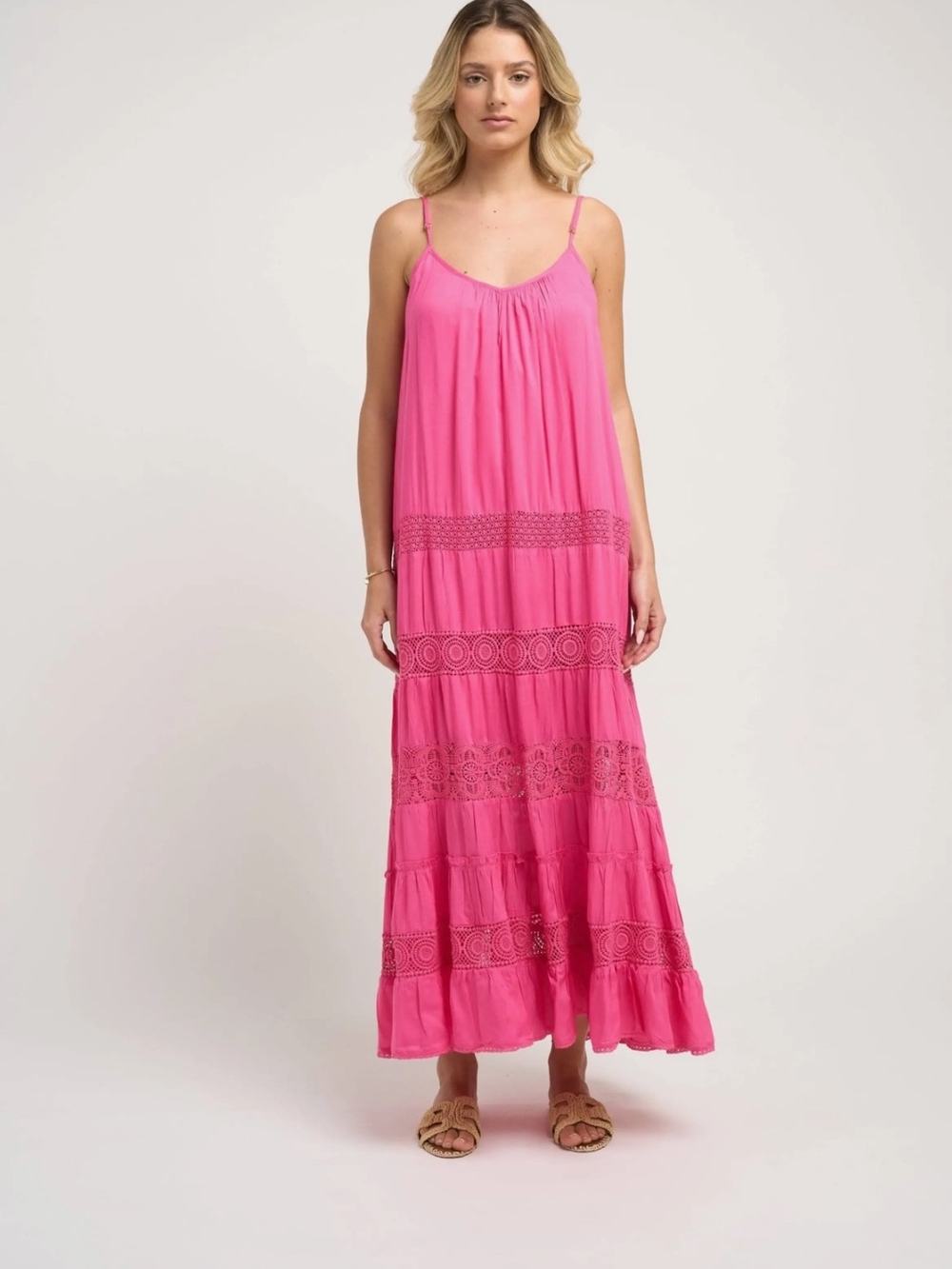 Guadalupe Paola Pink Crochet-Trim Maxi Dress Boho